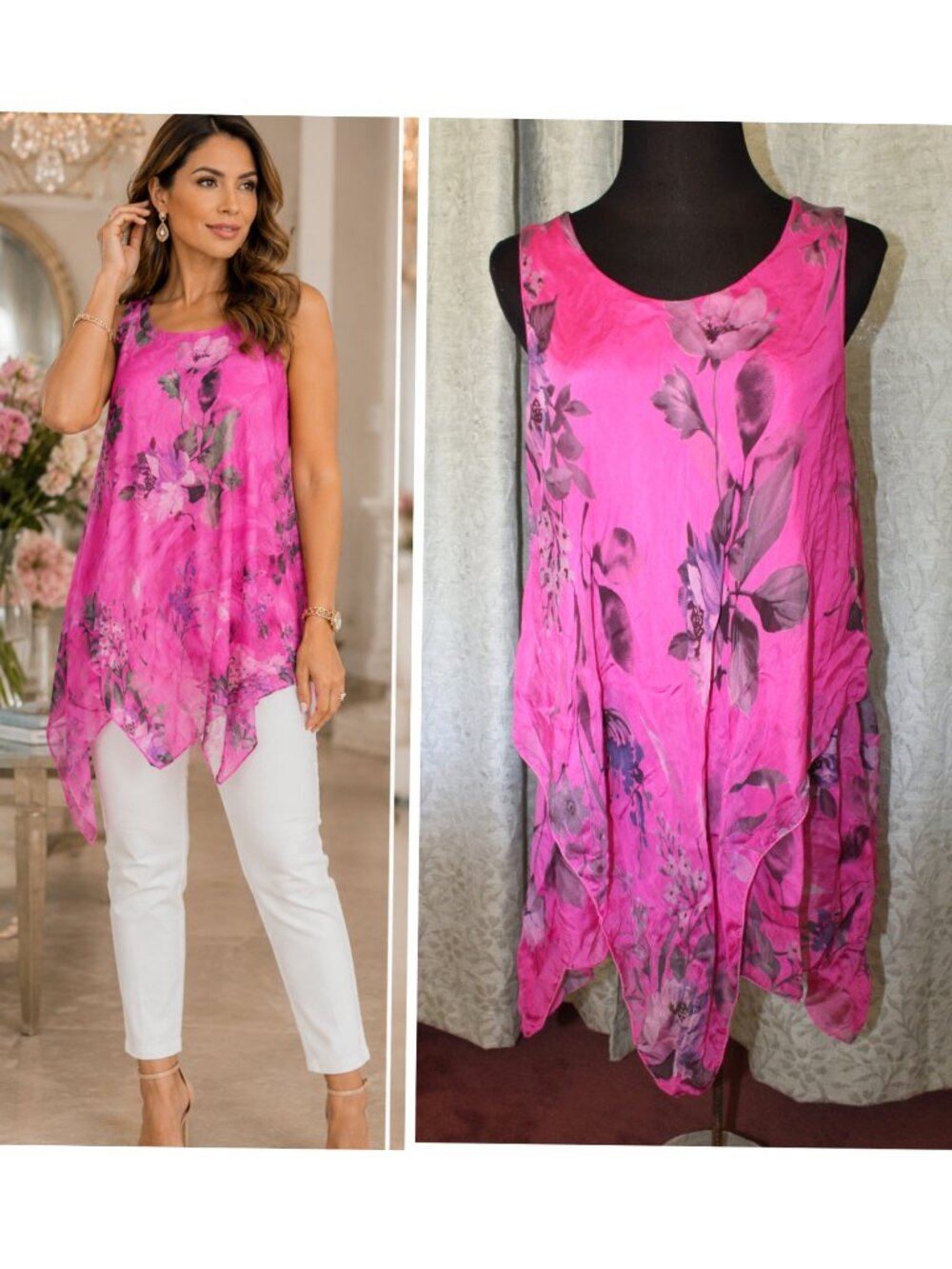 Bella Amore Silk Asymmetrical Blouse Floral Size Large fuchsia sleeveless Italy